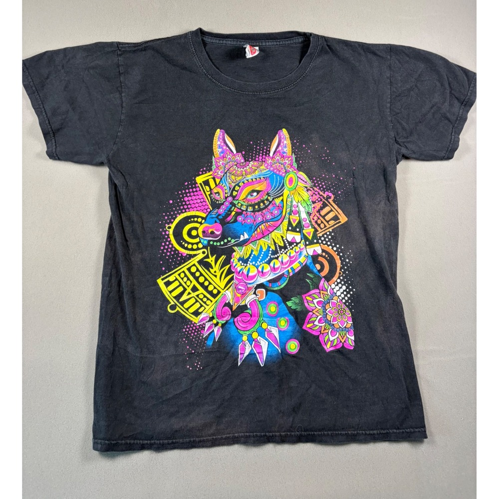 Rayton Playera Neon Psychedelic Wolf Graphic T-Shirt Black Mens Large Tee